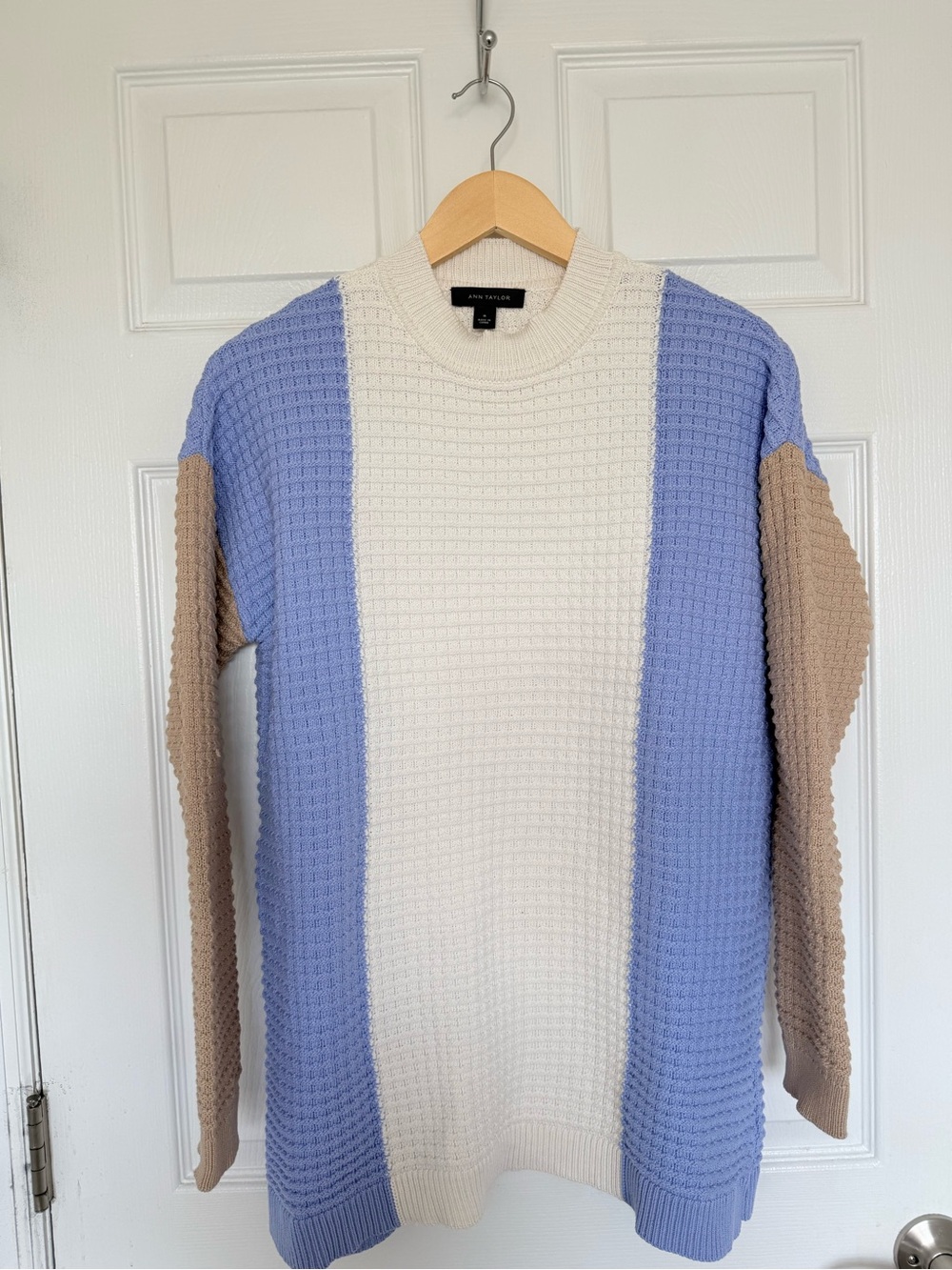 Ann Taylor Colorblock Crewneck Sweater in Cream, Light Blue & Tan